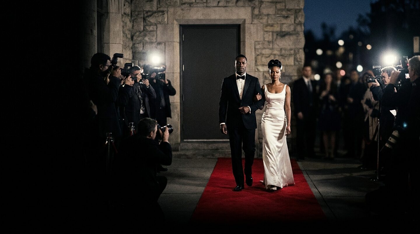 A couple in black tie walking a red carpet past photographers
